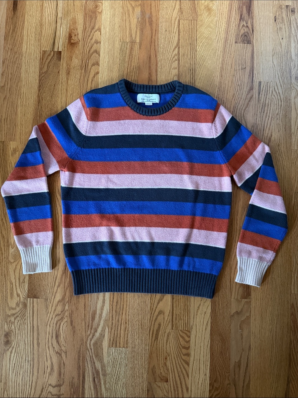 Trovata Birds of Paradise 100% cotton Crewneck Sweater in Pink, Blue & Rust